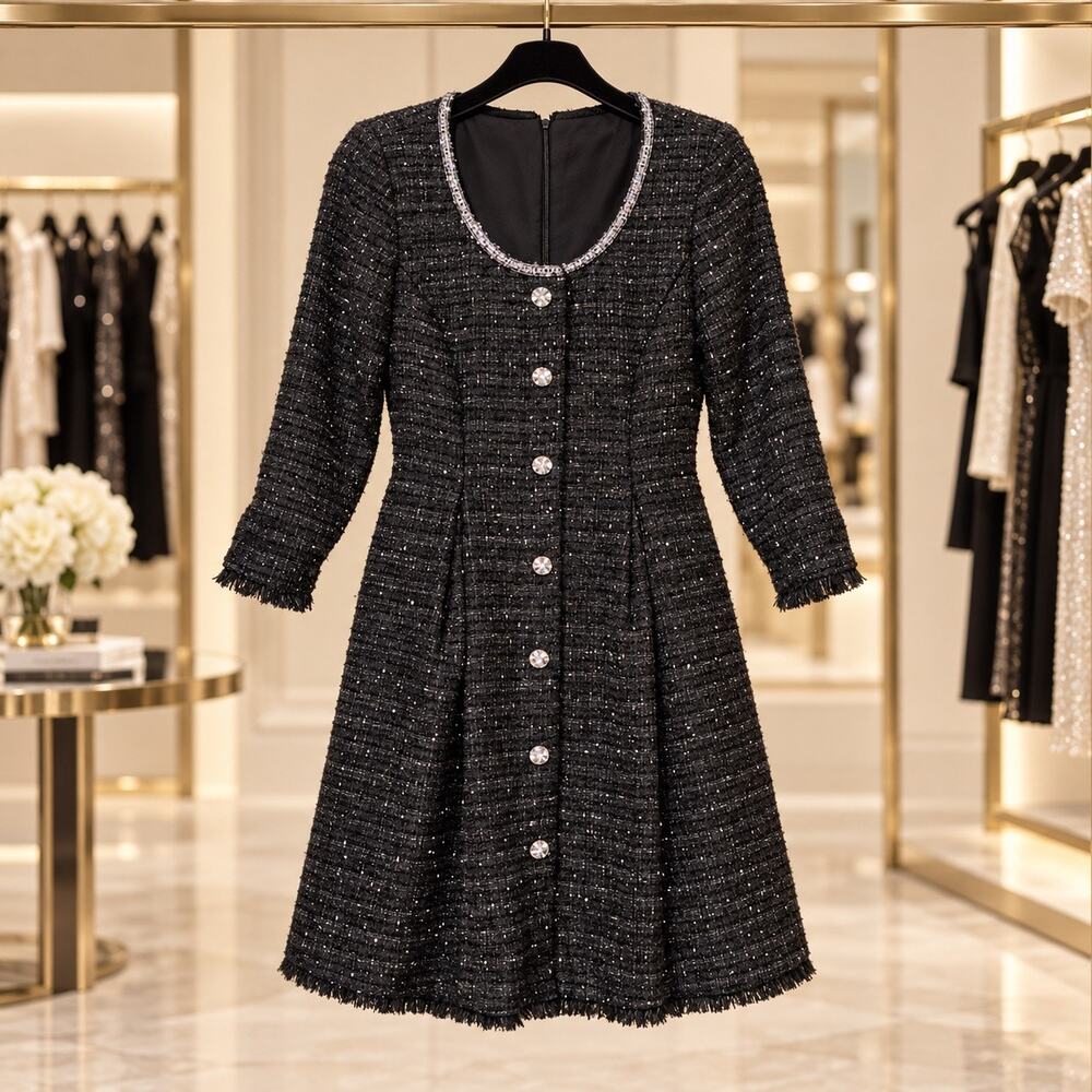 Tahari ASL Metallic Tweed Sequin Rhinestone Button Fit Flare Dress 8 NWT Holiday